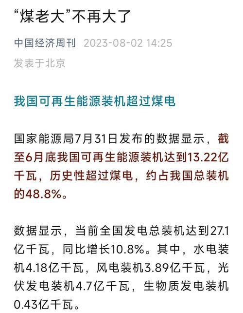 非化石能源发电装机容量首次突破20亿千瓦 非化石能源发电装机容量首次突破20亿千瓦